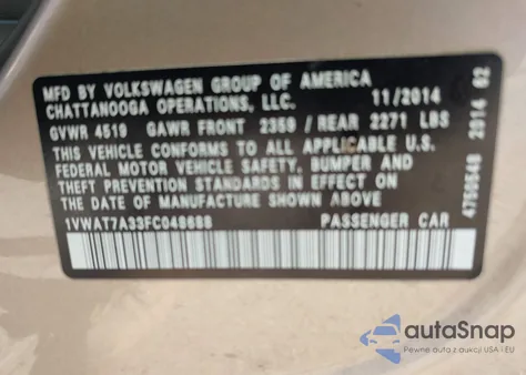 2015 Volkswagen Passat 1.8T Wolfsburg Edition from USA, damaged, VIN 1VWAT7A33FC048688